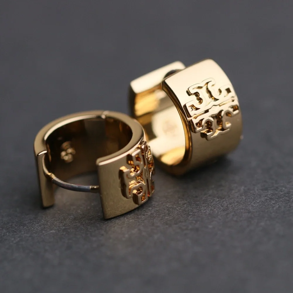 Tory Burch Polished Gold Logo Hinge Mini Hoops